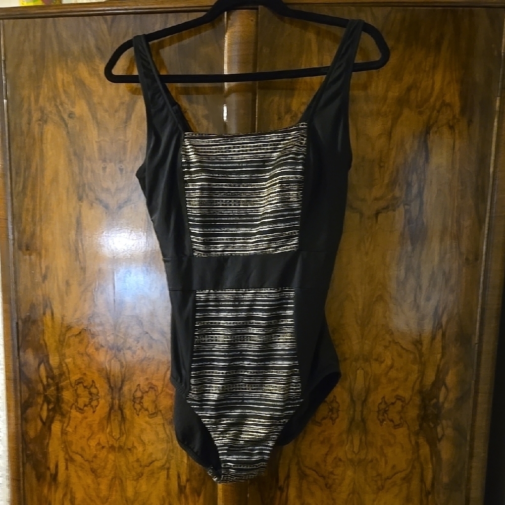 Embrace Your Curves By Miracle Brand Black and Gold Striped One Piece Swimsuit L